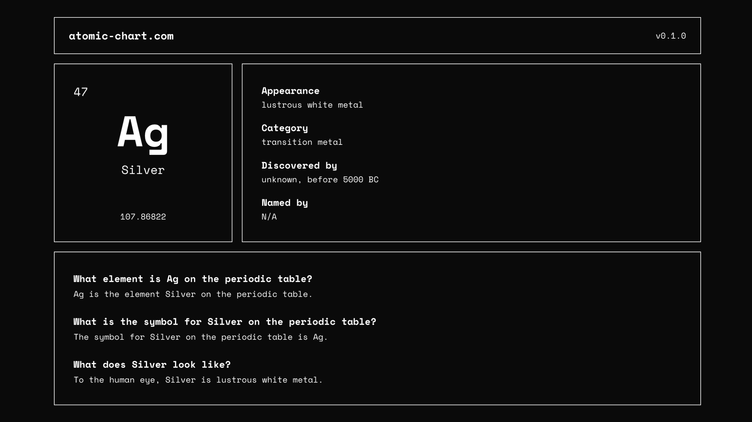 screenshot of the element page in dark mode