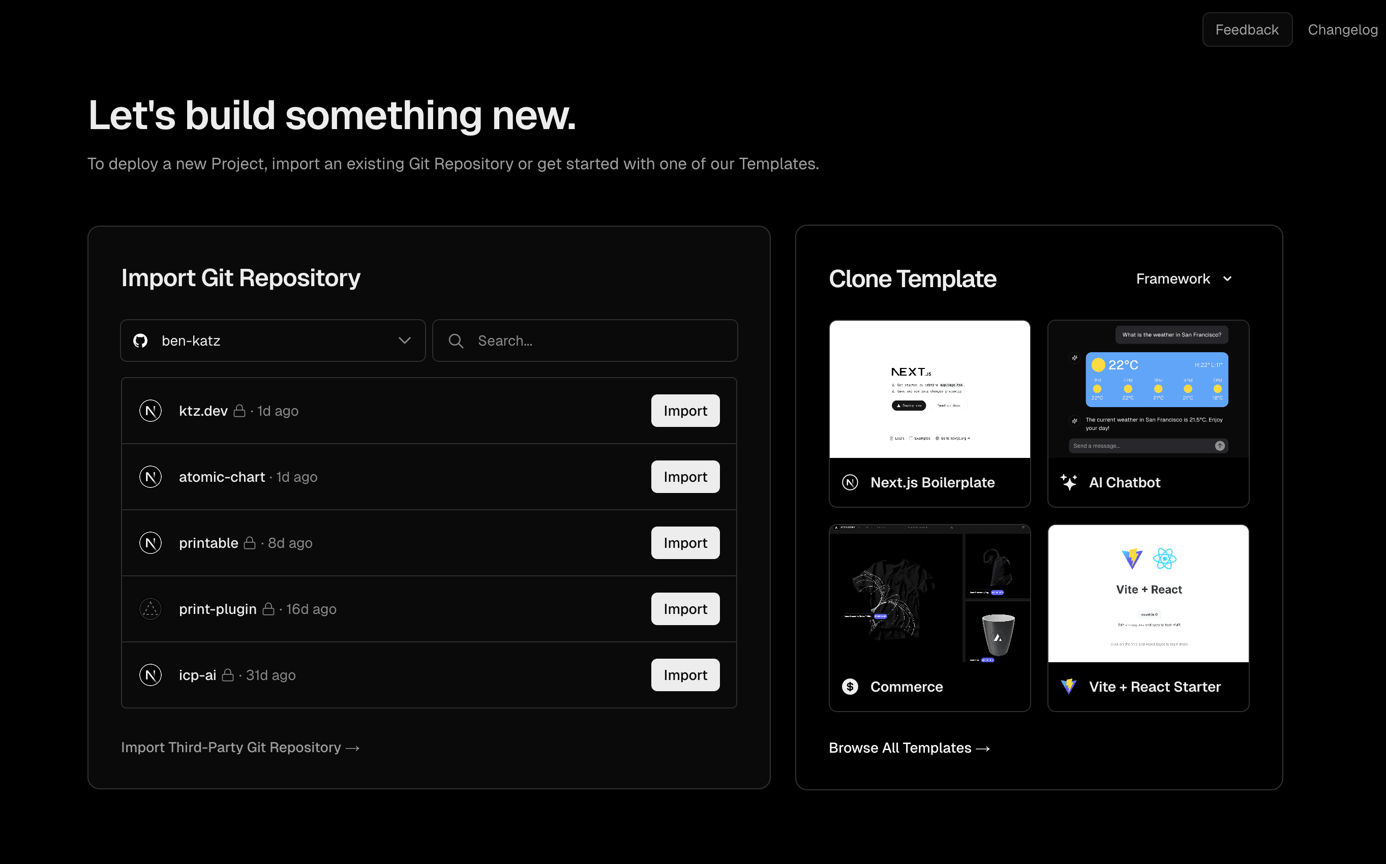 screenshot of the Vercel dashboard